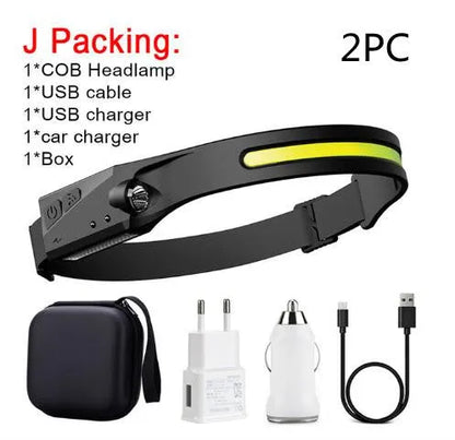 Black silicone USB rechargeable headlamp with a wide COB LED lens and a side wave sensor.