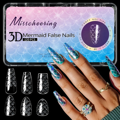 Professional 3D scale long shaping false nail tips in Frigate Box packaging for nail extensions.