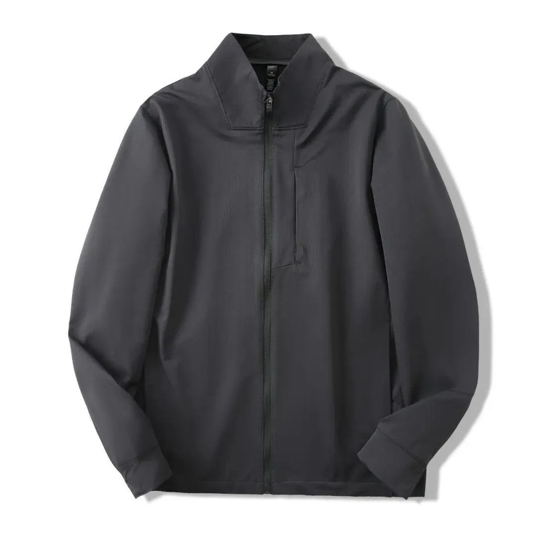 Men's stand collar casual jacket in polyester, shown in a neutral colour with straight hem and long sleeves.
