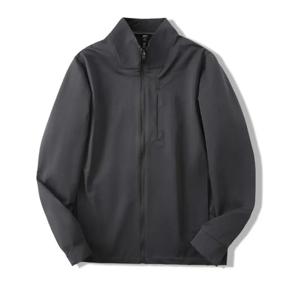 Men's stand collar casual jacket in polyester, shown in a neutral colour with straight hem and long sleeves.