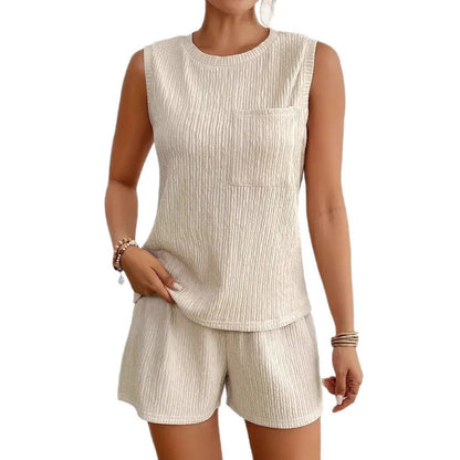 Solid colour sleeveless round neck vest and shorts set in apricot or orange, 100% polyester fabric