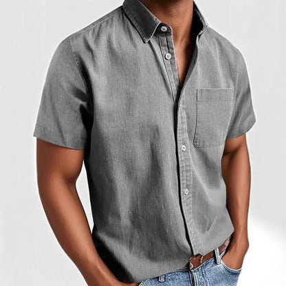 Men's loose fit single-breasted short sleeve shirt in a cotton blend fabric, shown in multiple colour options.