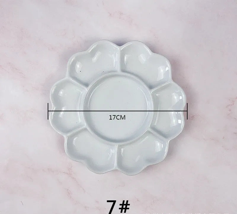 White handmade ceramic plum blossom shaped paint palette for watercolour, acrylic, and oil painting