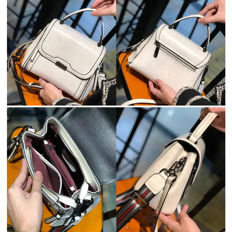 Women's Genuine Leather Messenger Bag with Large Capacity, Horizontal Square Shape, Medium Hardness Oil Wax Leather Construction, Double Shoulder Straps, European American Retro Style for Daily Use in Black, Blue, Brown, Caramel, White or Wine Red