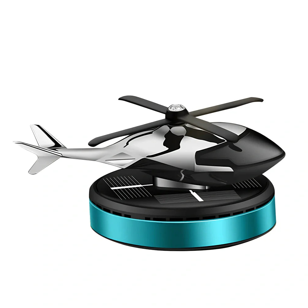 Solar helicopter car air freshener with rotating propeller on metal base, 180g weight