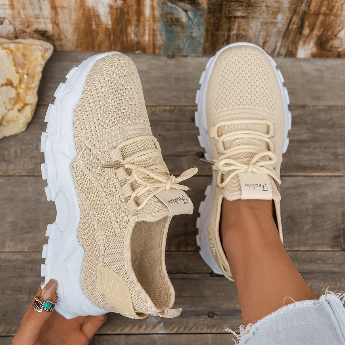 Women's Flyknit mesh casual sports shoes in multiple colours showing flat heel and lace-up design