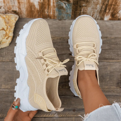 Women's Flyknit mesh casual sports shoes in multiple colours showing flat heel and lace-up design