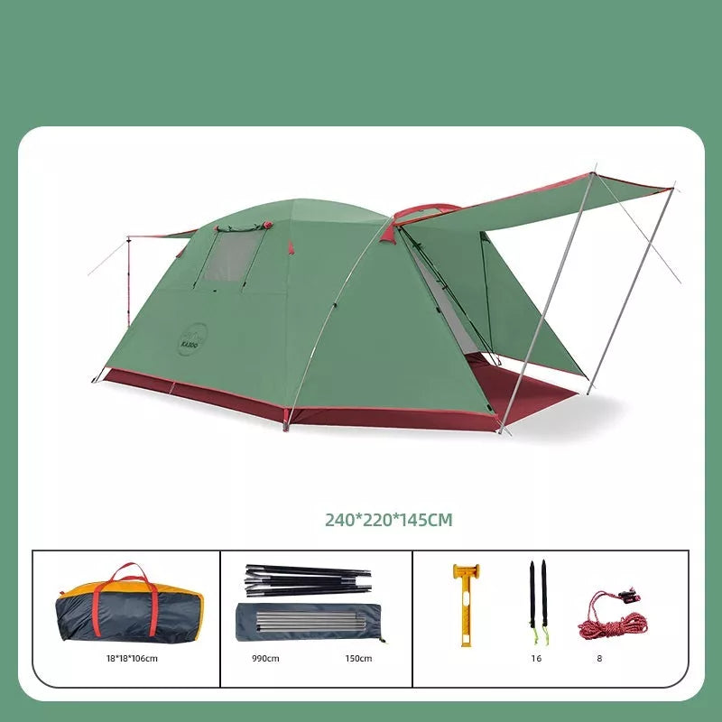 Four-person outdoor camping tent with rain and sun protection, double-decker design