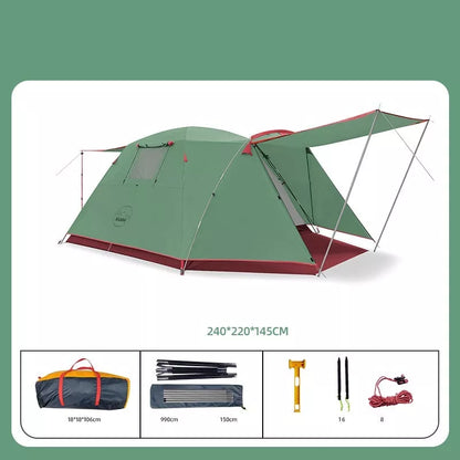 Four-person outdoor camping tent with rain and sun protection, double-decker design