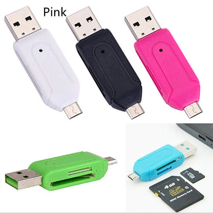 White OTG card reader with USB and micro USB connectors for SD and TF memory cards.