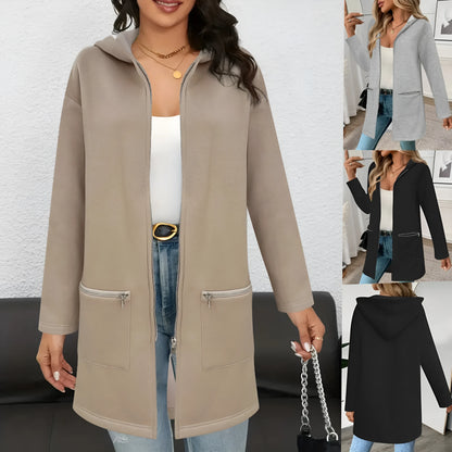 Loose mid-length cardigan coat for women in polyester fabric with pockets