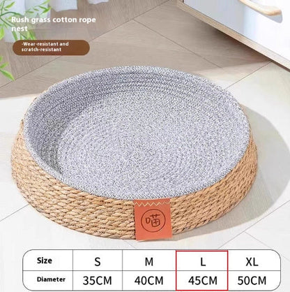 Woven rattan cat nest showing open construction for airflow, available in multiple sizes