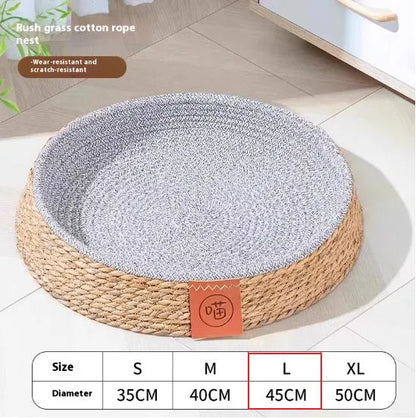 Natural rattan woven cat nest bed, available in four sizes, shown as a breathable basket-style pet bed.