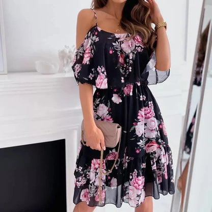 Women's flower printed ruffled suspender dress with off-the-shoulder strap in various colors