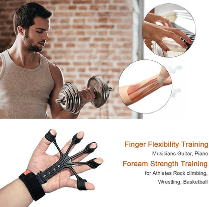 Black silicone finger rehabilitation trainer with adjustable resistance belt for hand exercises