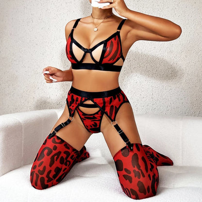 Wild leopard print mesh lingerie set with hollow back design and fixed double-shoulder straps