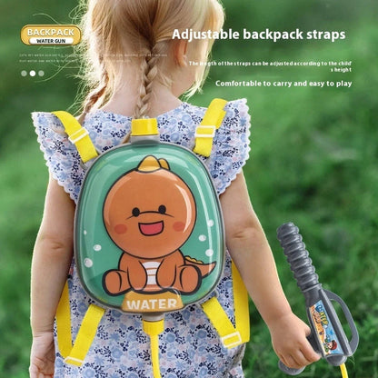 Children's backpack water gun with 1500ml capacity showing dinosaur character design and adjustable shoulder straps