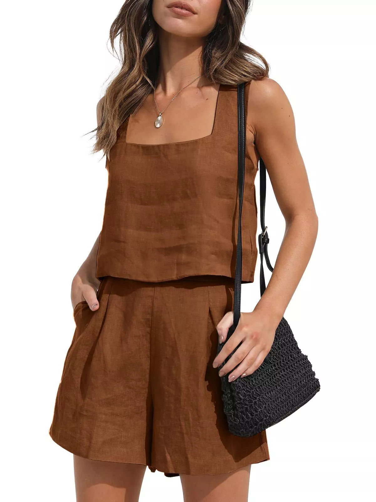 Women's 2-piece cotton linen square neck top and shorts set in various colors