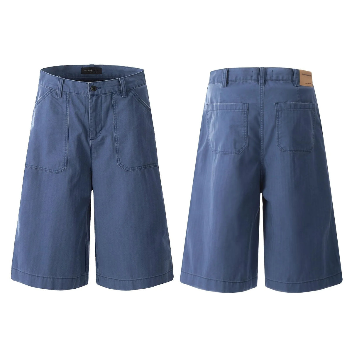 Men's French Blue cotton cropped shorts with straight-leg, loose fit, mid waist and zip fly, sizes S to XXL