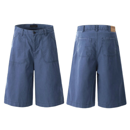 Men's French Blue cotton cropped shorts with straight-leg, loose fit, mid waist and zip fly, sizes S to XXL