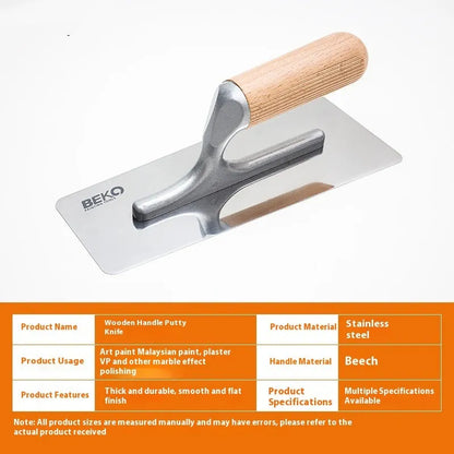 Stainless steel putty scraper with a wooden handle, shown with different blade size options for floor and wall work.