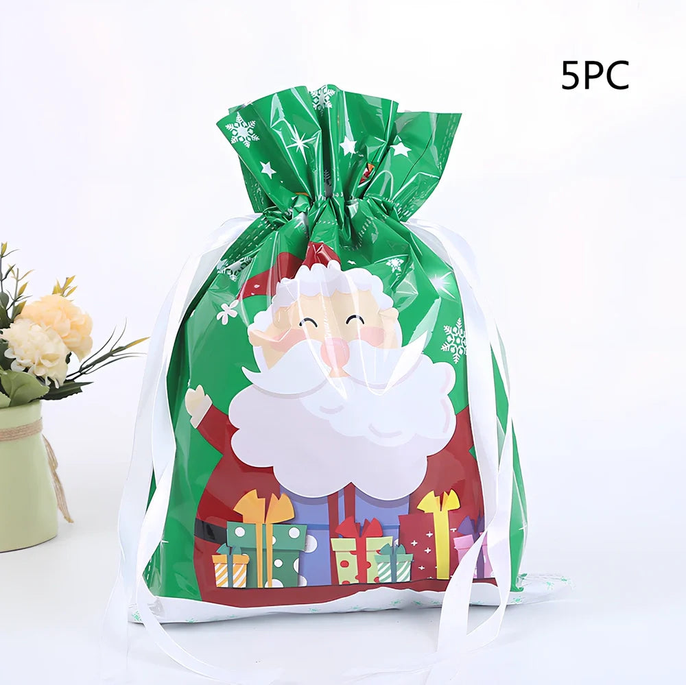 Christmas gift bag with drawstring closure in laser gold finish, 32x24cm dimensions