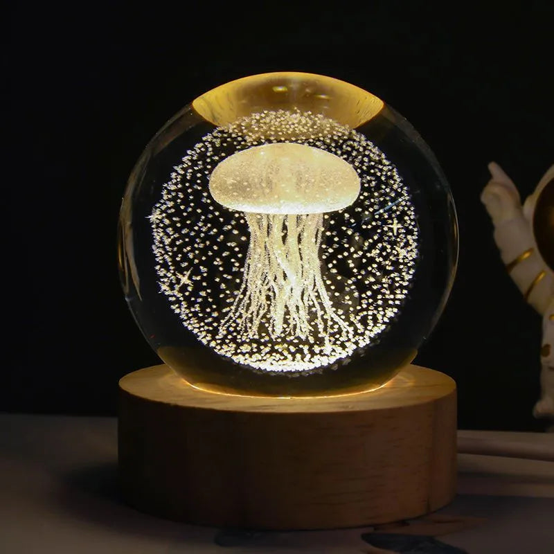Crystal ball night light projecting 3D starry sky and planets with solid wood base