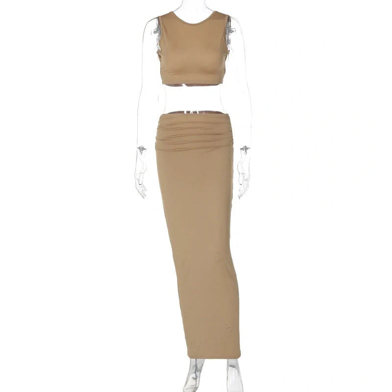 Stylish two-piece matching set with a chic tank top and flowing long skirt in a solid khaki color