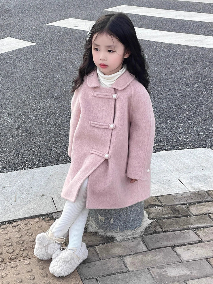 Reversible peach pink woolen coat for girls with Korean style design and cotton fabric