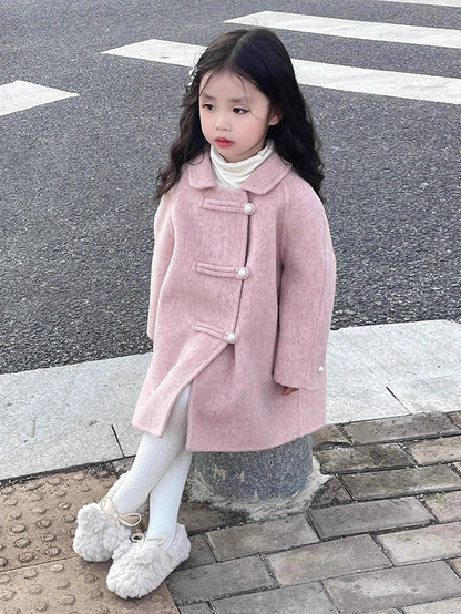 Reversible peach pink woolen coat for girls with Korean style design and cotton fabric