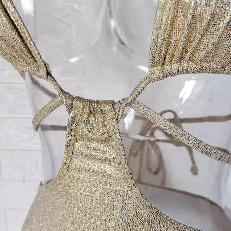 Women's gold foil stamped two-piece beach swimwear set with quick-drying fabric