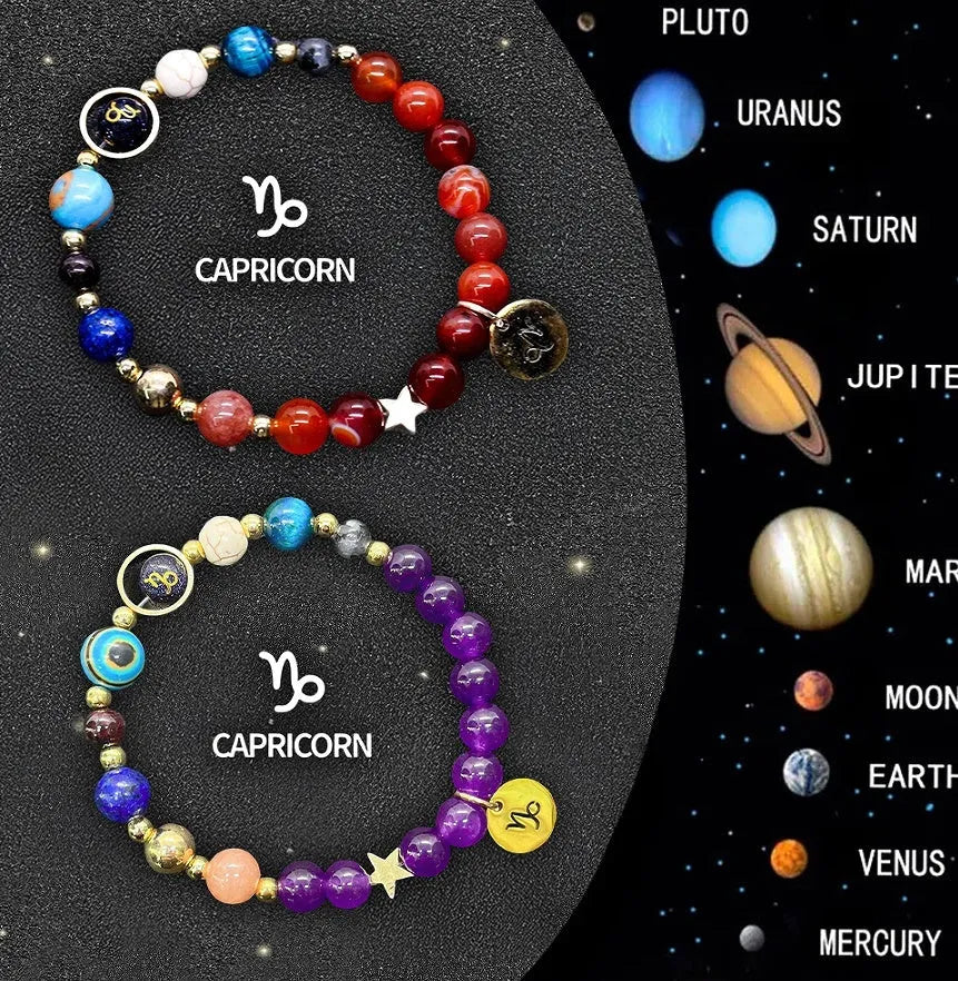 Adjustable natural stone zodiac bracelets showing 12 sign styles with 18-20cm cord