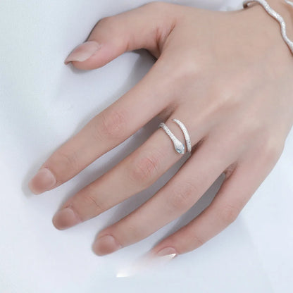 Cool Style Minority adjustable silver snake ring with platinum-colour finish on a hand, showing detailed modelling and open band.
