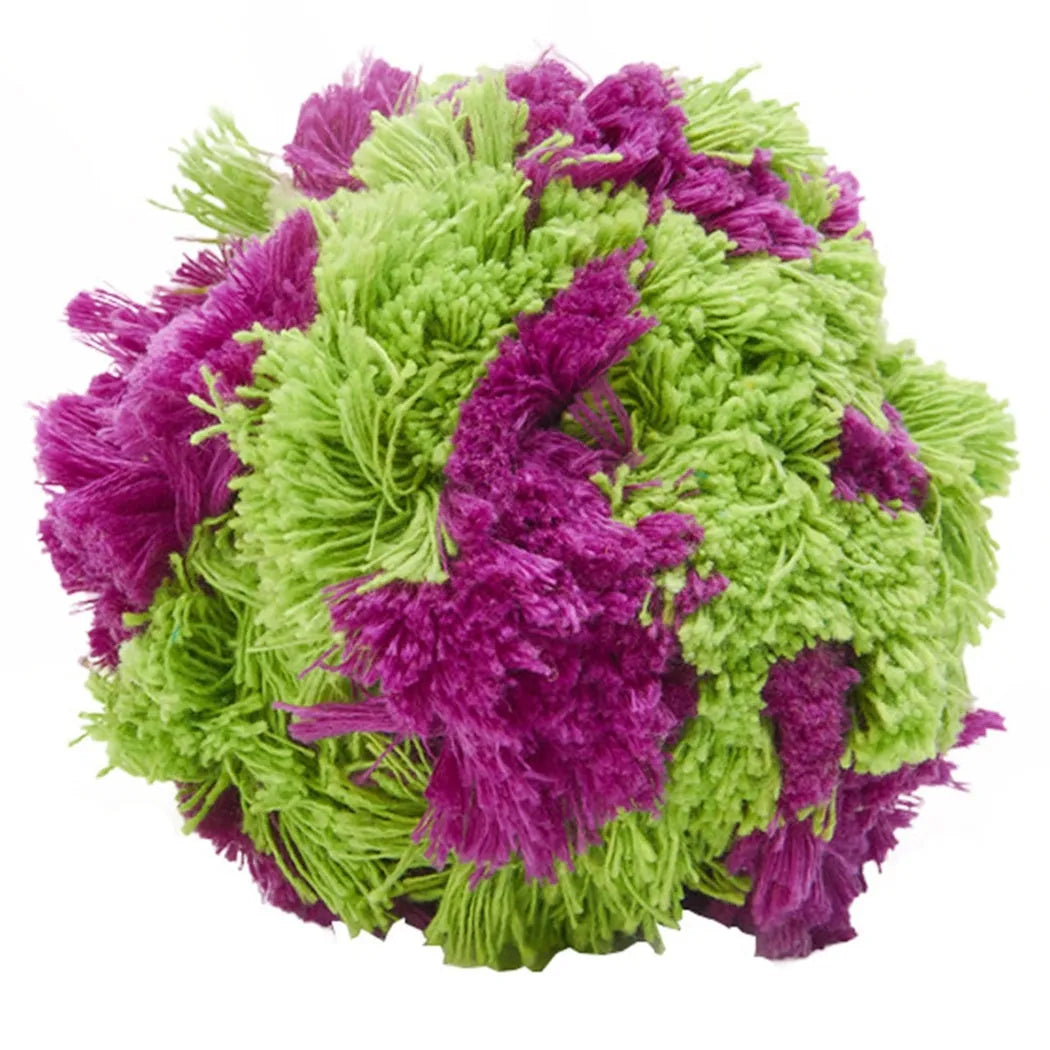 Purple plush dog chew ball toy measuring 15cm in diameter on a plain background.