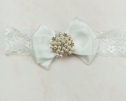 Handmade milky white cloth shoes with lace-up closure and matching fabric headband