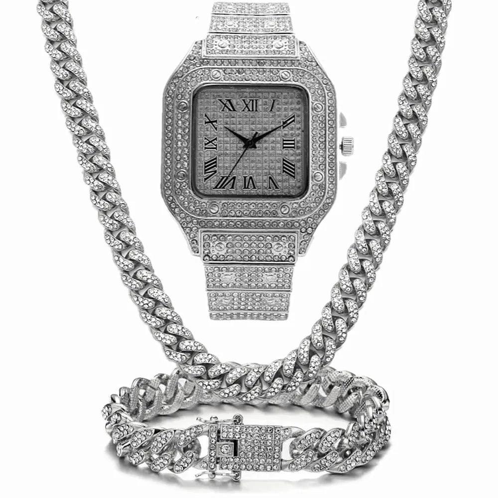 Roman Grain quartz watch set with black mesh band, square dial with roman numerals and diamond studs, plus matching bracelet and necklace