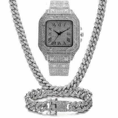 Roman Grain quartz watch set with black mesh band, square dial with roman numerals and diamond studs, plus matching bracelet and necklace