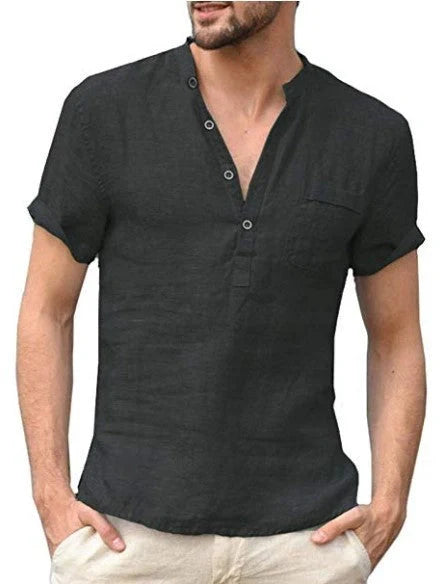 Men's casual linen V-neck short sleeve shirt in various colors for summer