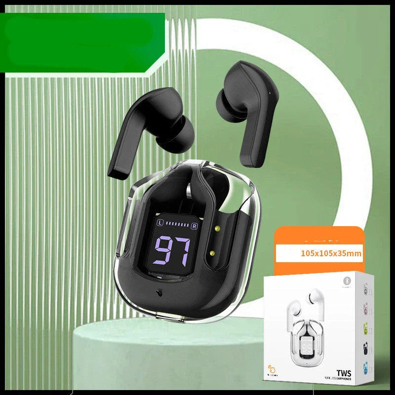 Pair of true wireless Bluetooth earbuds with noise cancellation and digital display