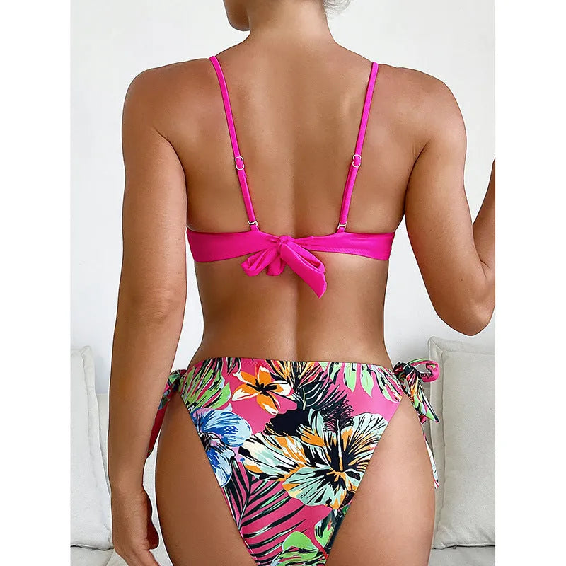 Rose red women's bikini swimsuit with braid rope detailing on adjustable straps