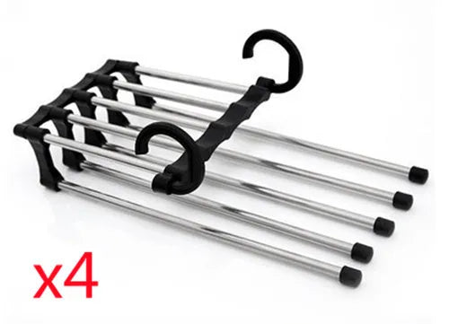 Five-boom stainless steel wardrobe hanger for trousers showing both level and vertical hanging methods