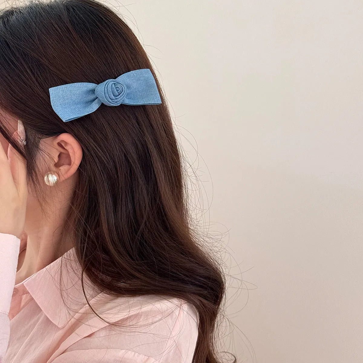 Cloth barrette hairpin set showing blue bow, beige lace, and pearl butterfly designs