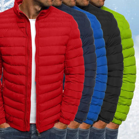 Warm padded winter jacket for men in various solid colors, featuring zippered pockets and a loose, comfortable fit for easy layering.