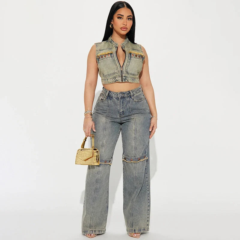 Stylish Y2K-inspired wide-leg denim jeans for women in a relaxed, comfortable fit and classic blue color