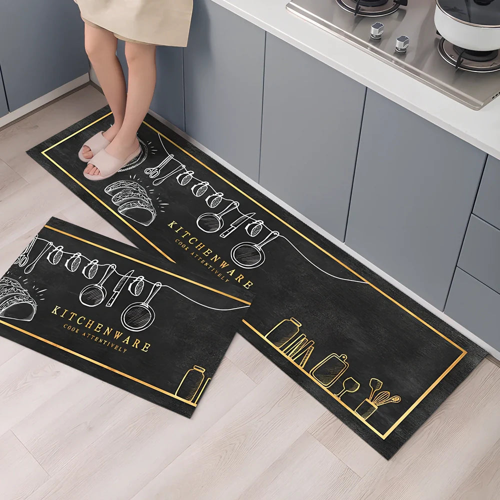 Rectangular polyester kitchen floor mat with machine-woven texture in modern design