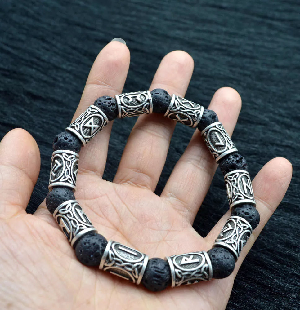 Asgard Crafted Silver Rune and Black Lava Stone Bracelet featuring ancient symbols