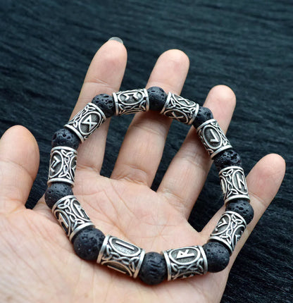 Asgard Crafted Silver Rune and Black Lava Stone Bracelet featuring ancient symbols