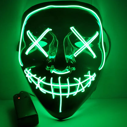 Black V-shaped electroluminescent Halloween mask glowing with uniform illumination, showing folding capability and plastic construction