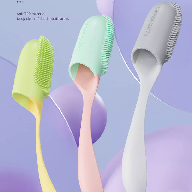 Silicone finger toothbrush for dogs and cats in pink, yellow, and white