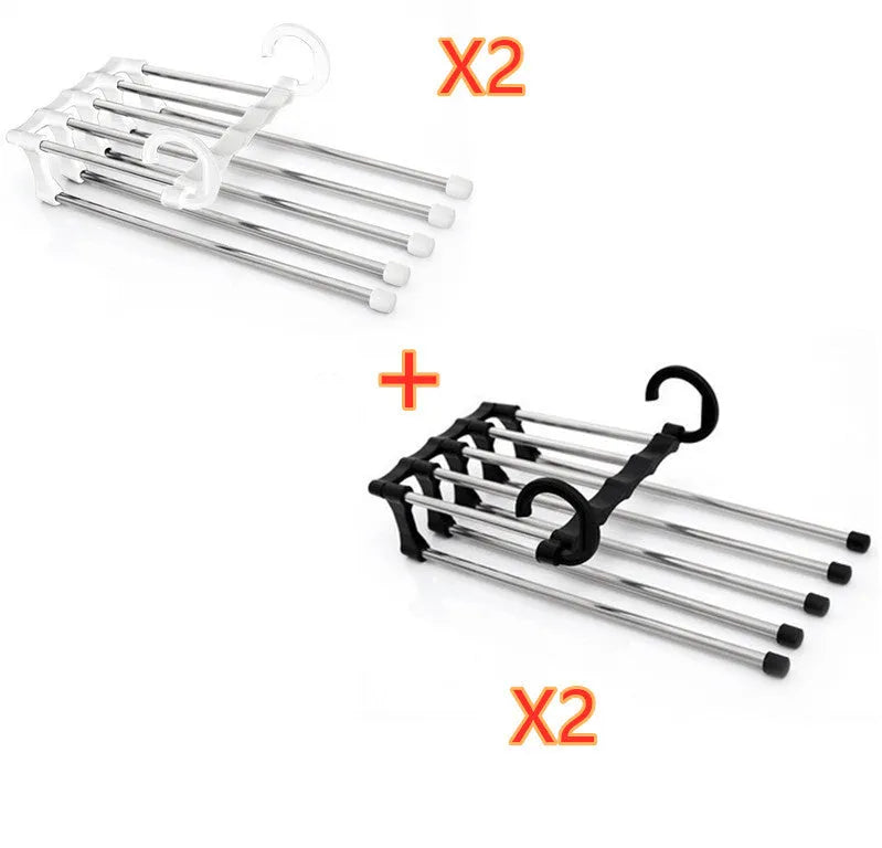 Five-boom stainless steel wardrobe hanger for trousers showing both level and vertical hanging methods